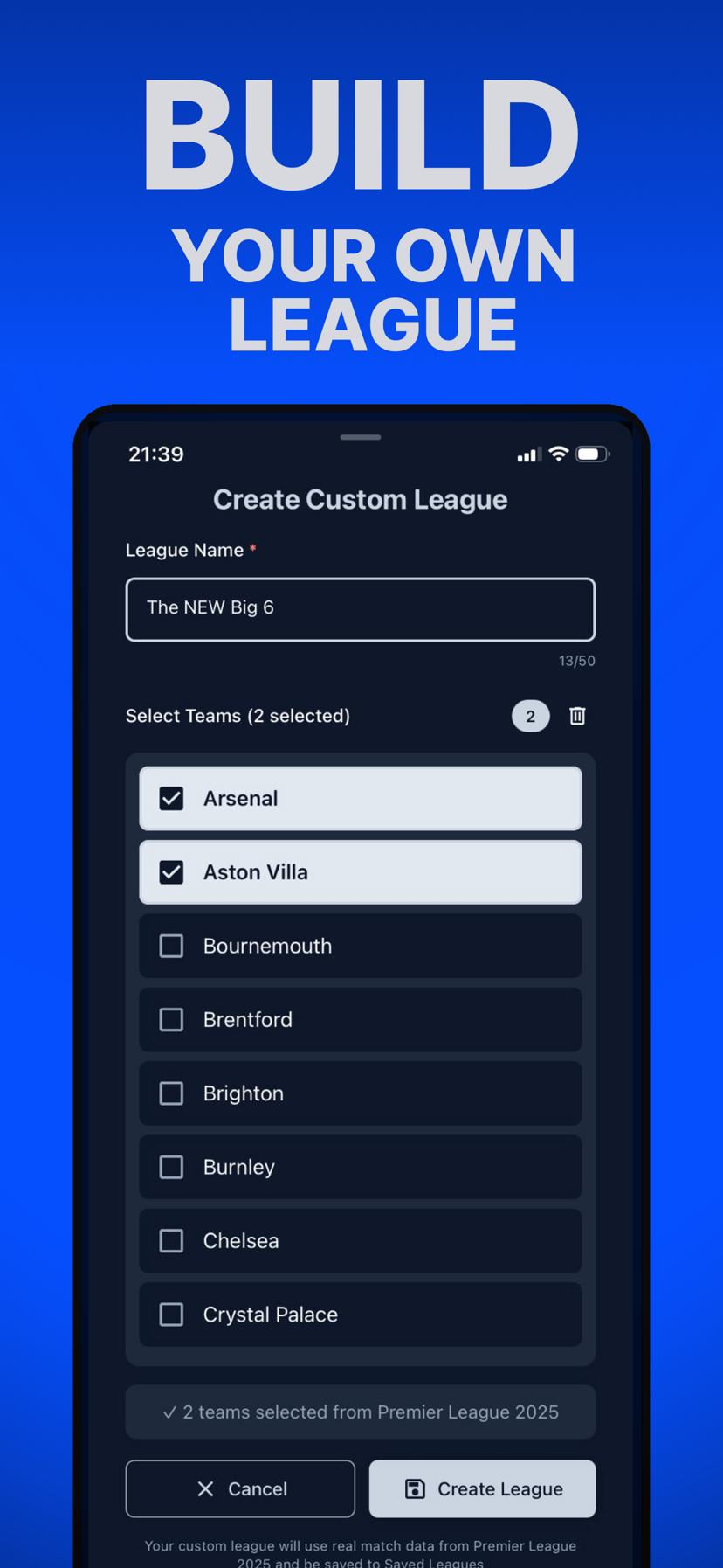 LeagueBuilder mobile app interface for building custom football leagues