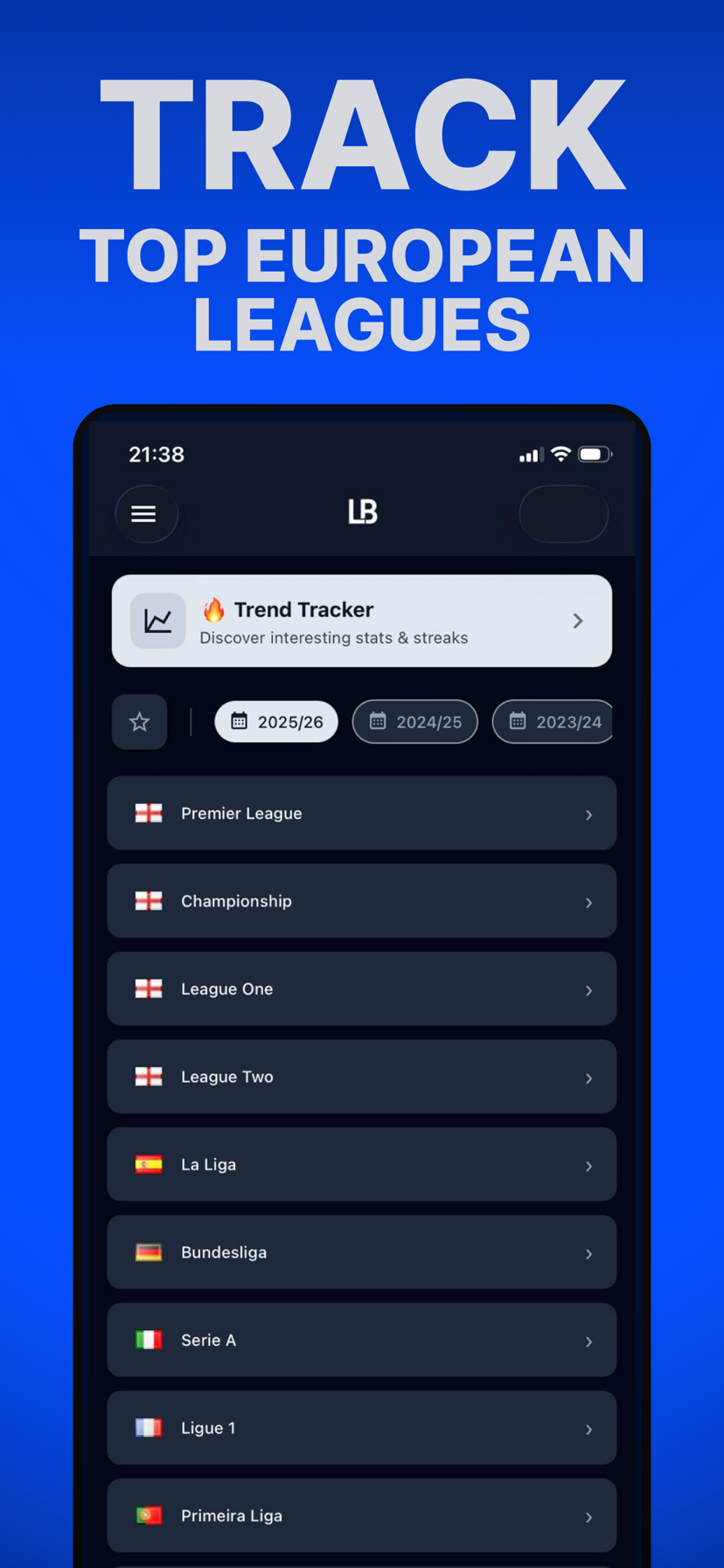 Tracking historical data for 10 top European football leagues